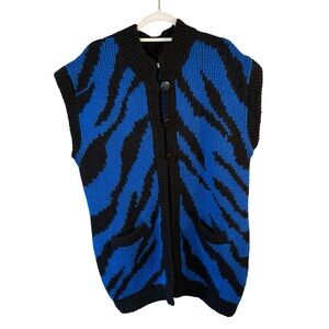 Blue and Black Handknit Zebra Cardigan Sweater Size L XL Y2K Chunky Oversized